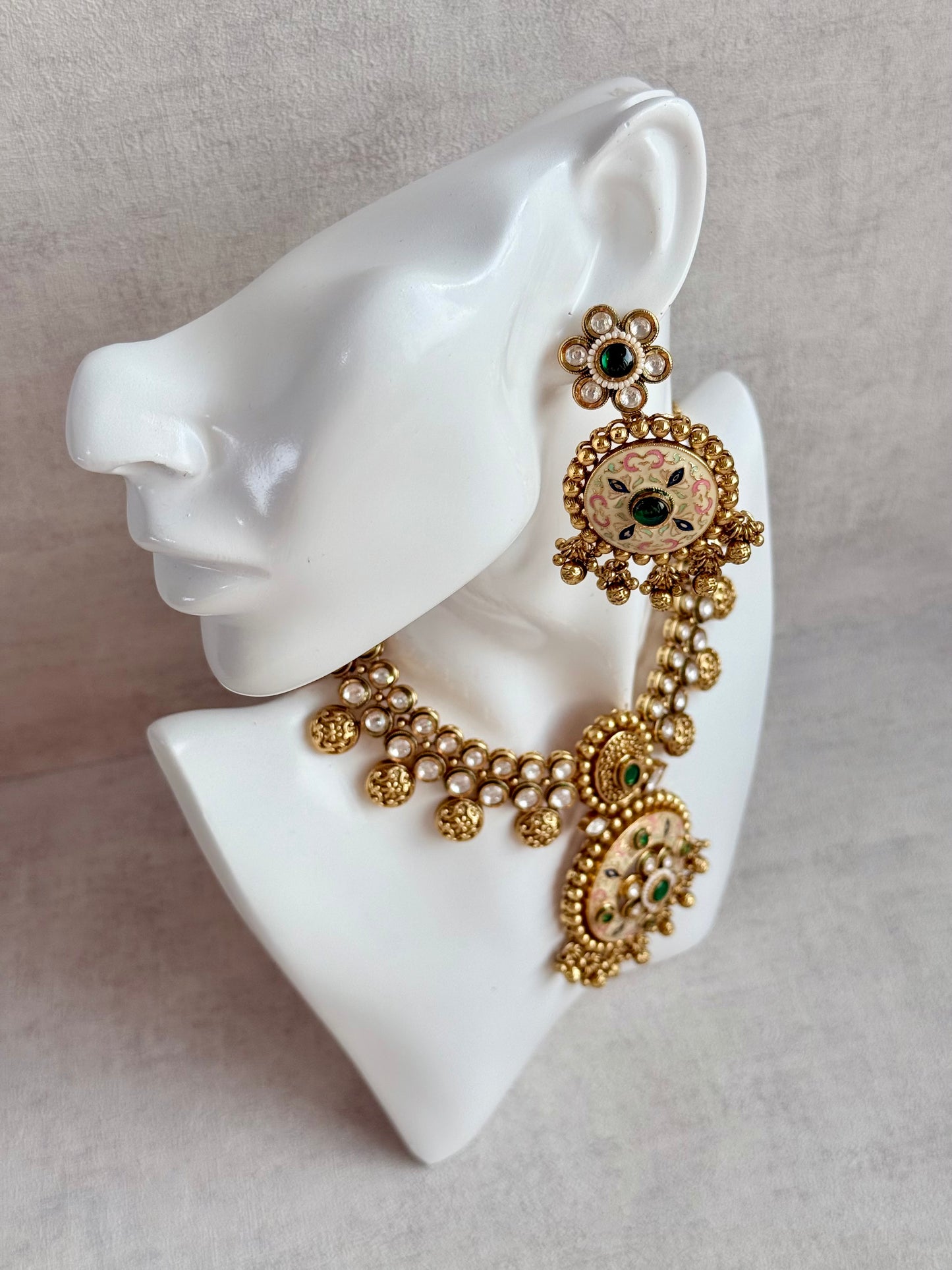 Ayura Designs Zayna Set with Necklace & Earrings – Ivory Meenakari with Emerald Green Stones