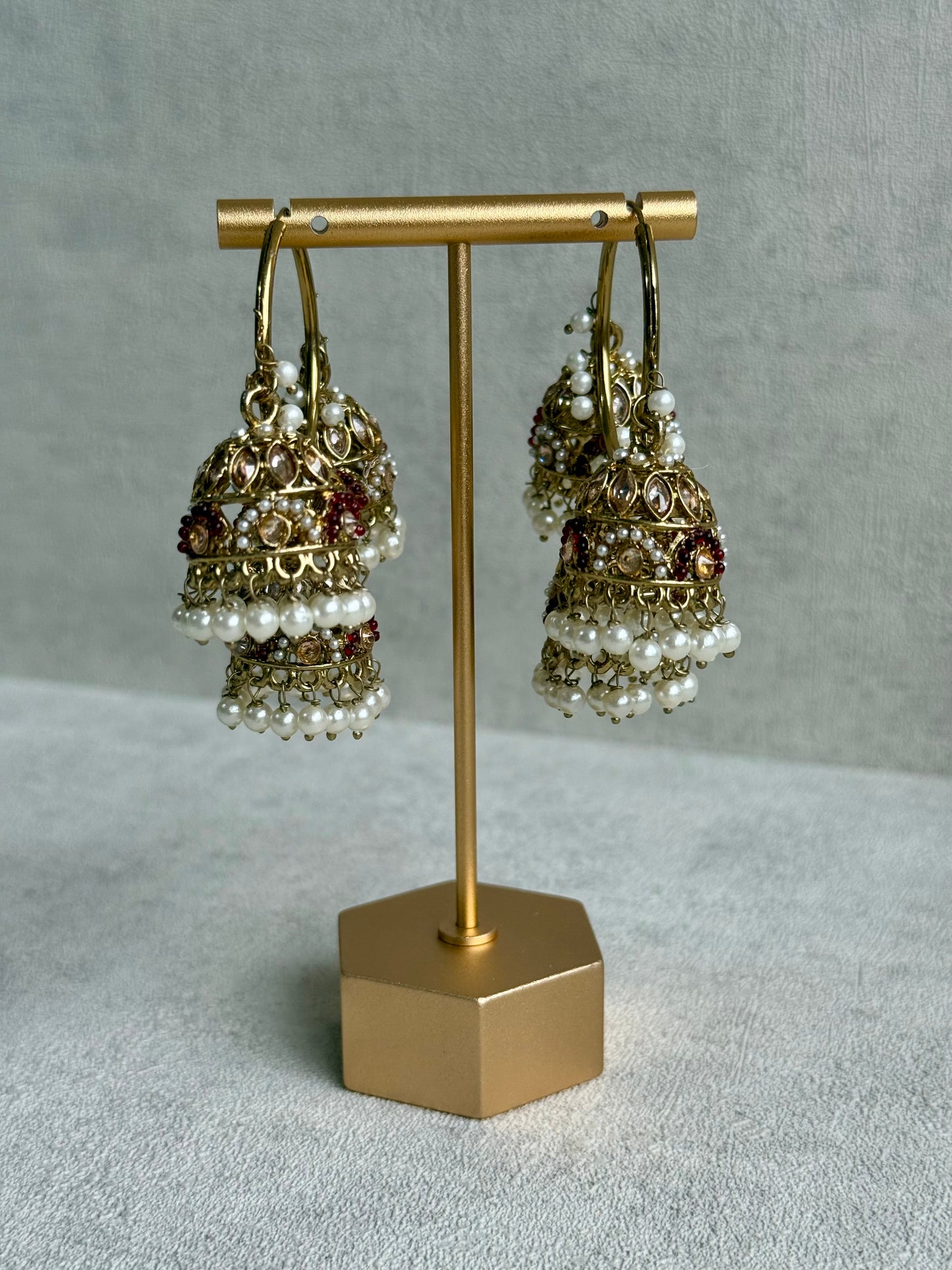 Ayura Designs Nakhra Balis – Ruby Red Triple Dome Earrings with Pearl Clusters & Mirror-Cut Detailing