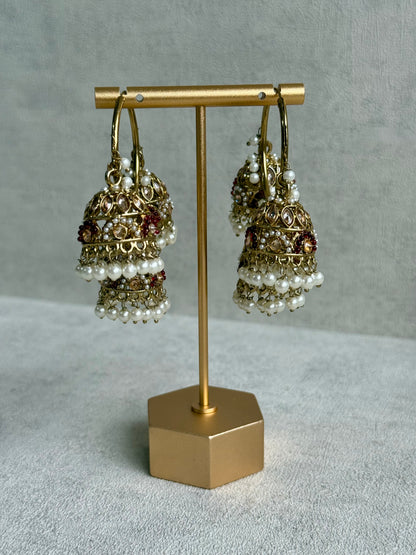 Ayura Designs Nakhra Balis – Ruby Red Triple Dome Earrings with Pearl Clusters & Mirror-Cut Detailing