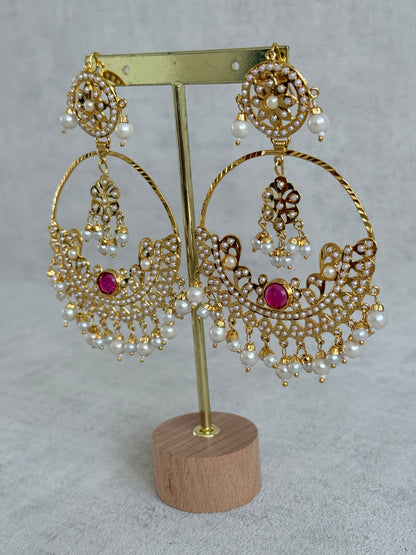 Ayura Designs Arshi Chandbalis – Gold Jadau Ruby Pink & Ivory Pearl Detailing