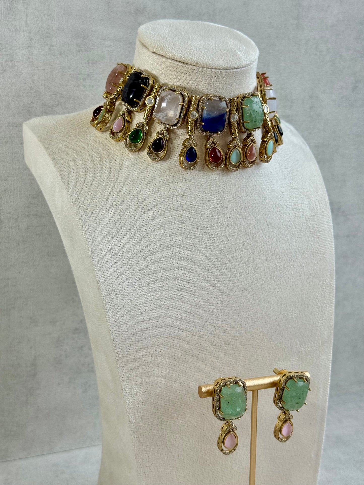 Ayura Designs Adelaide Necklace Set with Earrings – Multicolour Moissanite with Green Stone Drop Earrings