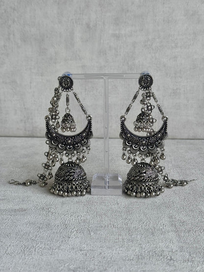Ayura Designs Nazaakat Jhumkas - Oxidised Silver Earrings with Detachable Sahare | Antique Finish