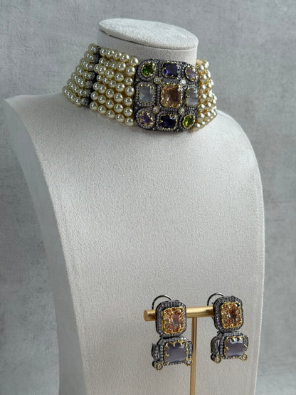 Ayura Designs Amelia Choker Set with Earrings – Moissanite Stonework with Layered Pearls in Antique Silver Finish (Soft Pastel Mix)