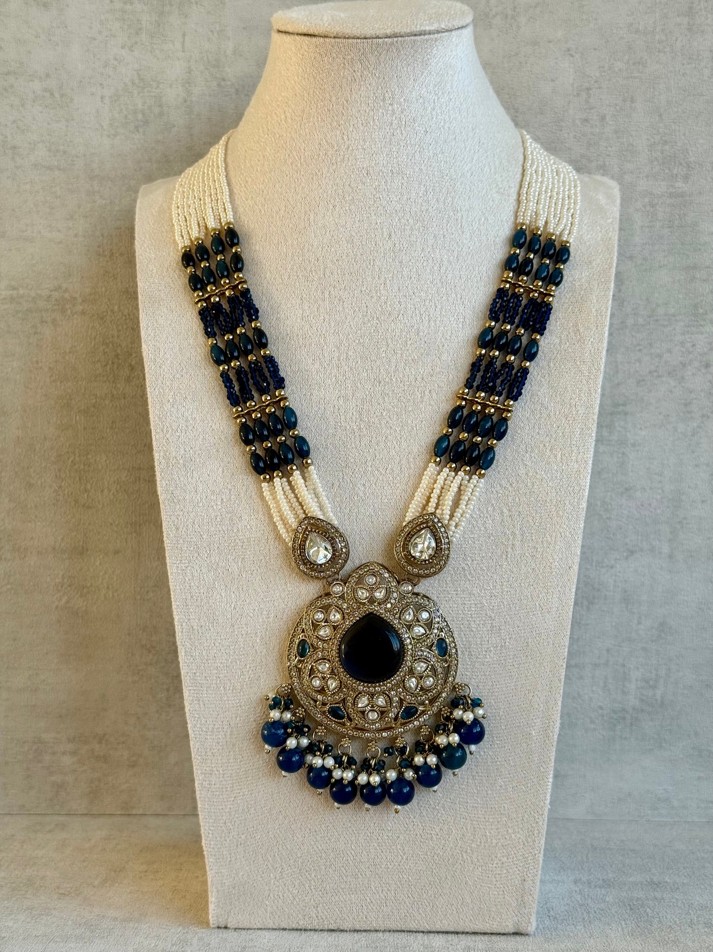 Ayura Designs Brielle Set – Necklace & Jhumkis with Mirror-Cut Stones in Midnight Blue & Ivory