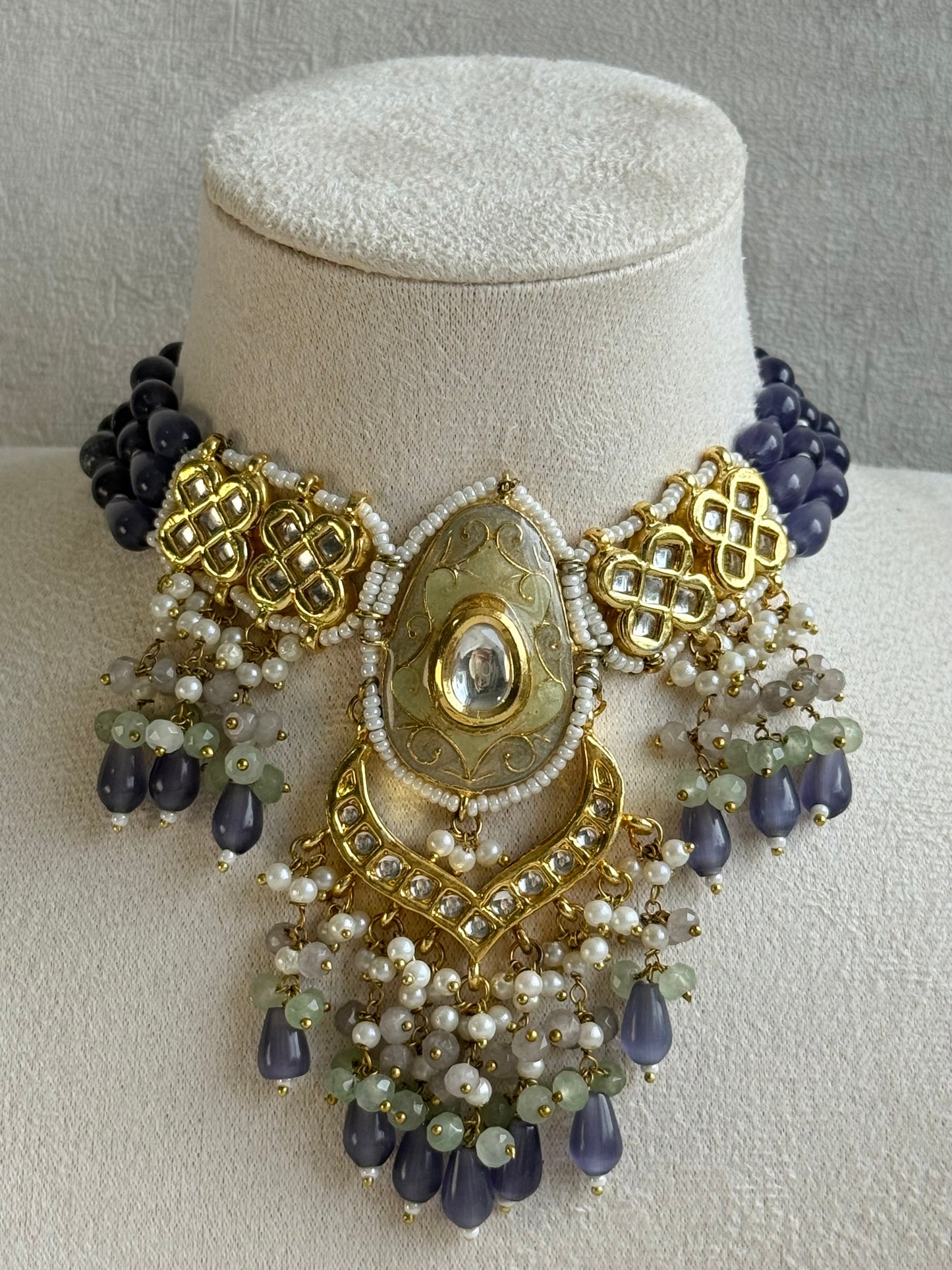Ayura Designs Zarwali Meenakari Kundan Choker Set with Earrings – Dusty Lavender & Pearl Bead Detailing