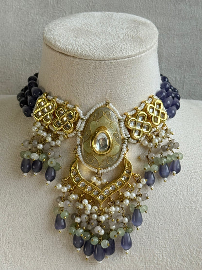 Ayura Designs Zarwali Meenakari Kundan Choker Set with Earrings – Dusty Lavender & Pearl Bead Detailing