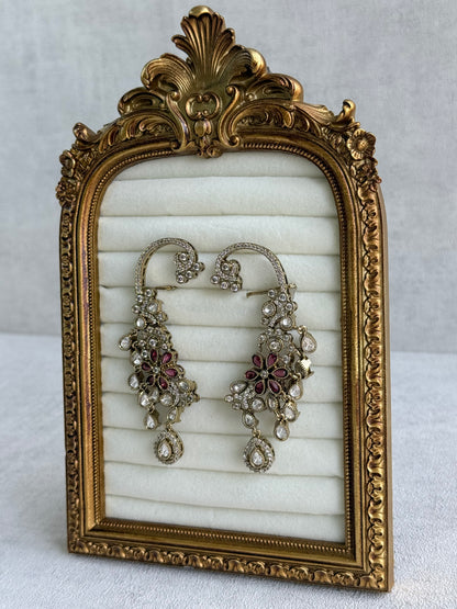 Ayura Designs Aksara Kaanphool Earrings – Rani Pink Stones, Kundan, Crystals & Antique Gold Finish