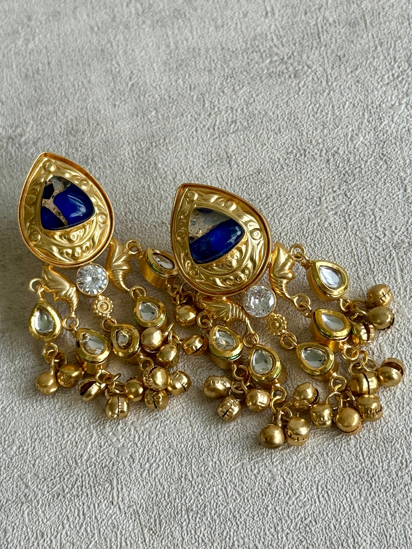 Ayura Designs Arheer Earrings – Sapphire Blue Marble with Kundan Detailing & Antique Gold Ghungroos