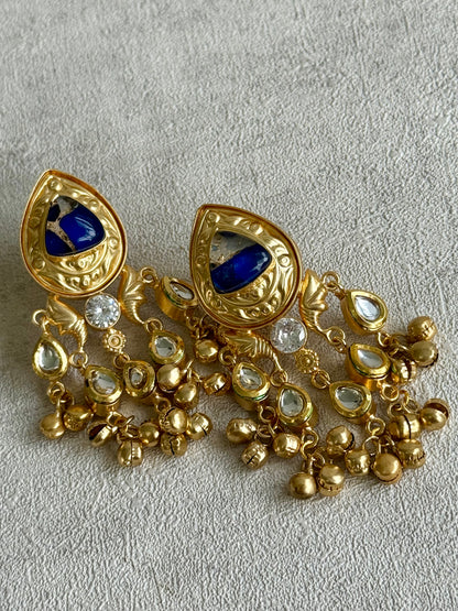 Ayura Designs Arheer Earrings – Sapphire Blue Marble with Kundan Detailing & Antique Gold Ghungroos