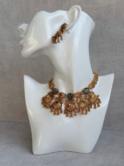 Ayura Designs Alera Set with Necklace & Earrings – Peacock Green and Rani Pink with Antique Gold Ghungroo Detailing