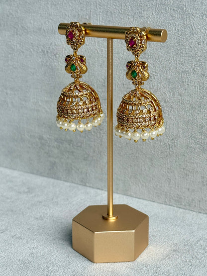 Ayura Designs Darya Jhumkis – Gold Peacock Motif Jhumkis with Ruby Pink, Emerald Green and Pearl Detailing