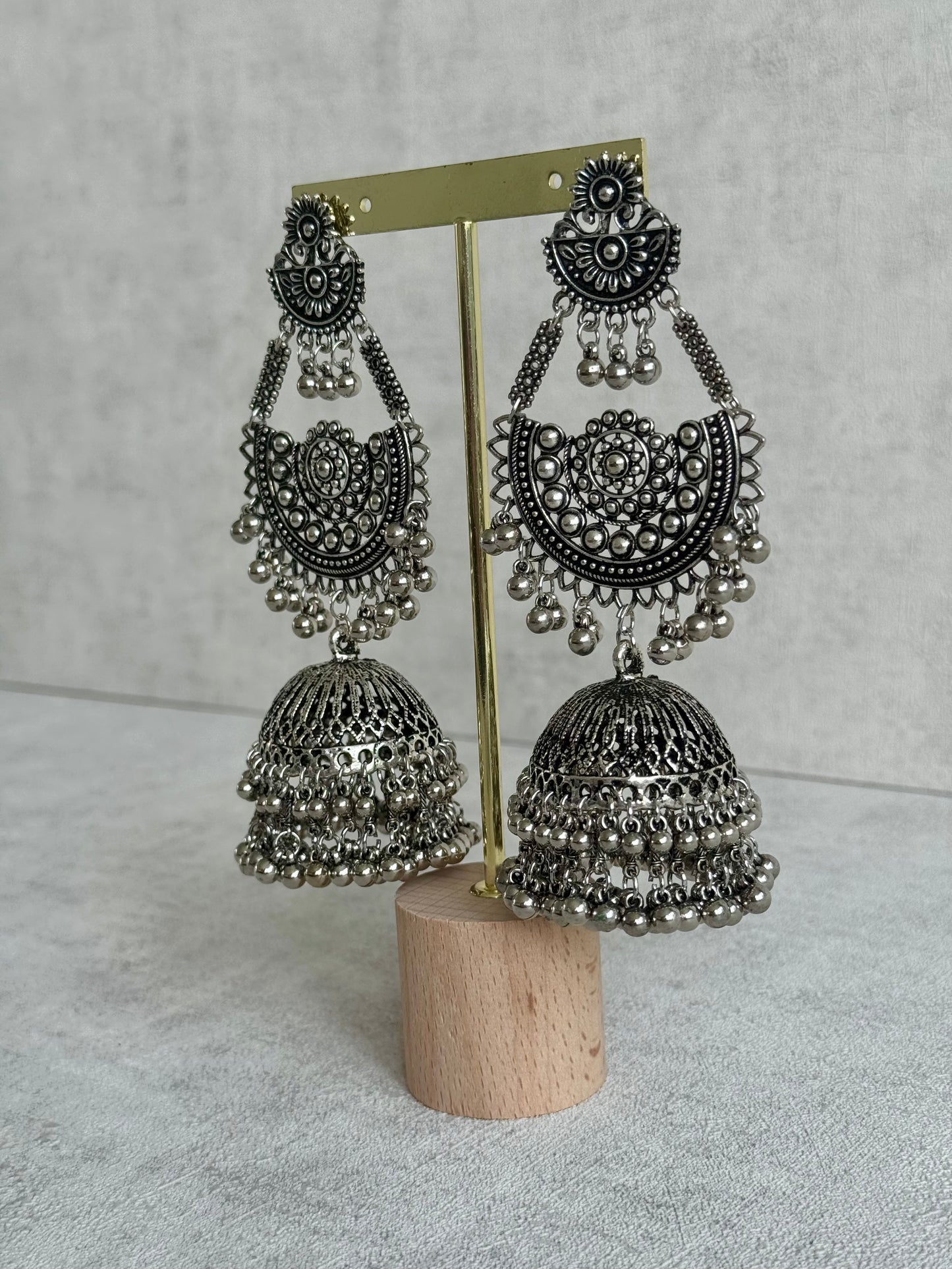 Ayura Designs Jhoomar Jhumkis – Oxidised Silver Earrings with Tribal Motifs, Ghungroos & Sahare