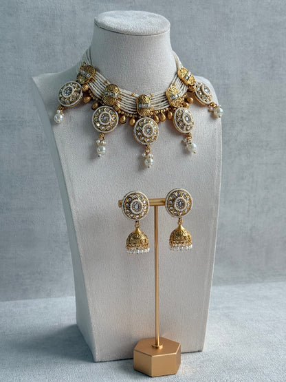 Ayura Designs Tabani Necklace Set with Jhumki Earrings – Kundan Medallion Design, Ivory Pearls & Antique Gold Finish