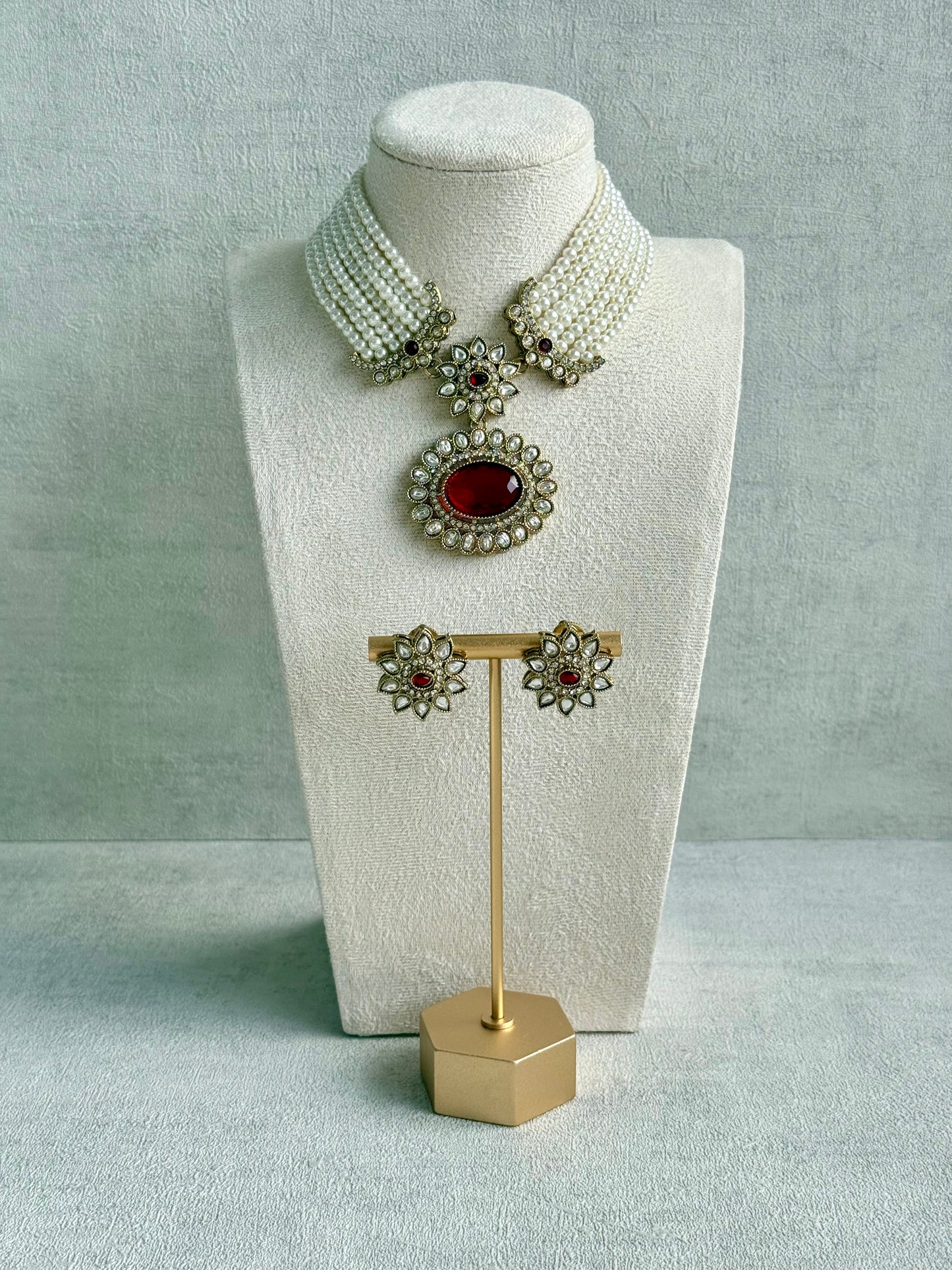 Ayura Designs Amaya Necklace Set with Studs – Antique Finish in Ruby Red Stones with Pearl Strands