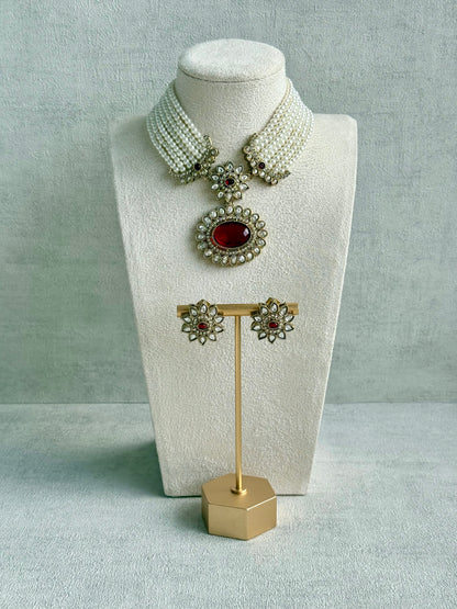 Ayura Designs Amaya Necklace Set with Studs – Antique Finish in Ruby Red Stones with Pearl Strands