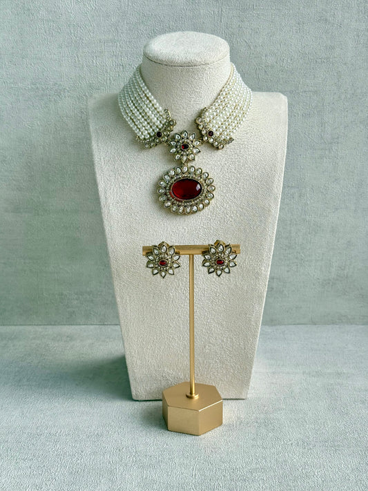 Ayura Designs Amaya Necklace Set with Studs – Antique Finish in Ruby Red Stones with Pearl Strands