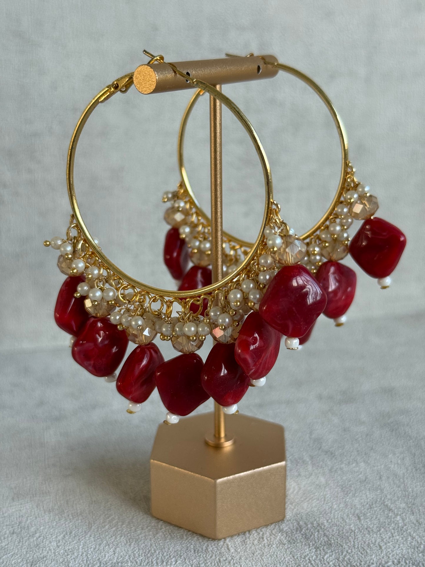 Ayura Designs Heer Balis – Gold Hoops with Ruby Marble Beads, Pearls & Crystal Detailing