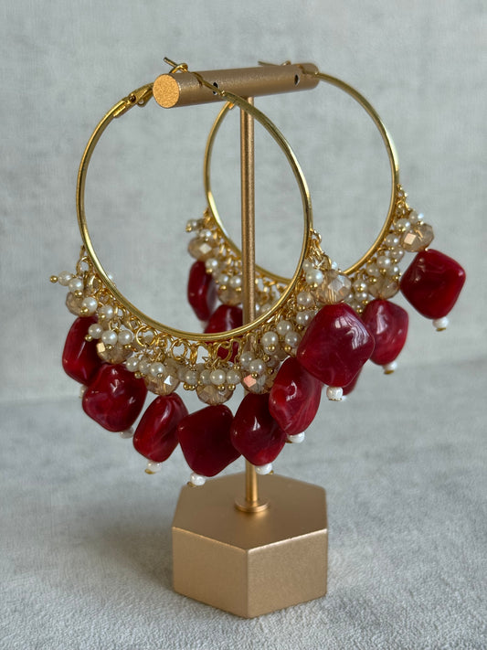 Ayura Designs Heer Balis – Gold Hoops with Ruby Marble Beads, Pearls & Crystal Detailing