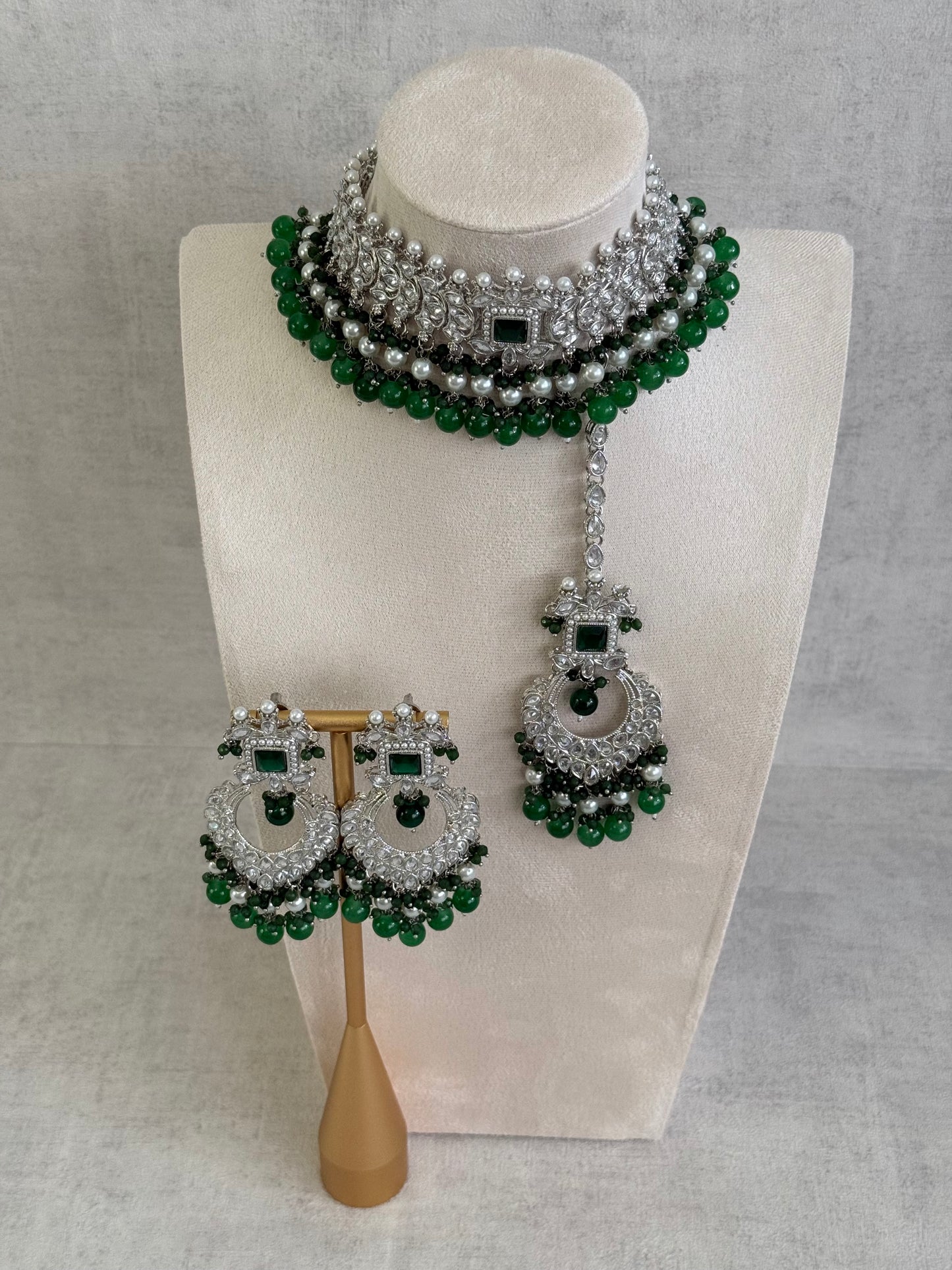 Ayura Designs Sarwat Choker Set – Emerald Green Stones, Ivory Pearl Drops & Antique Silver Finish
