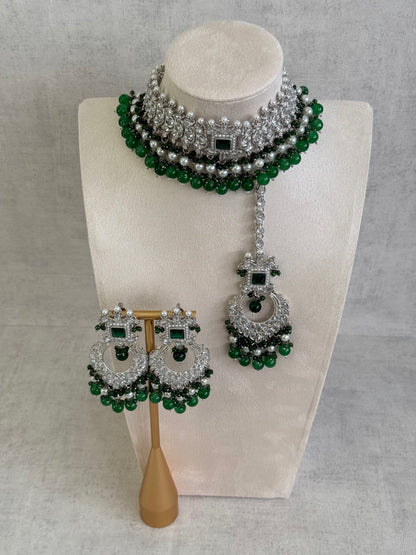 Ayura Designs Sarwat Choker Set – Emerald Green Stones, Ivory Pearl Drops & Antique Silver Finish