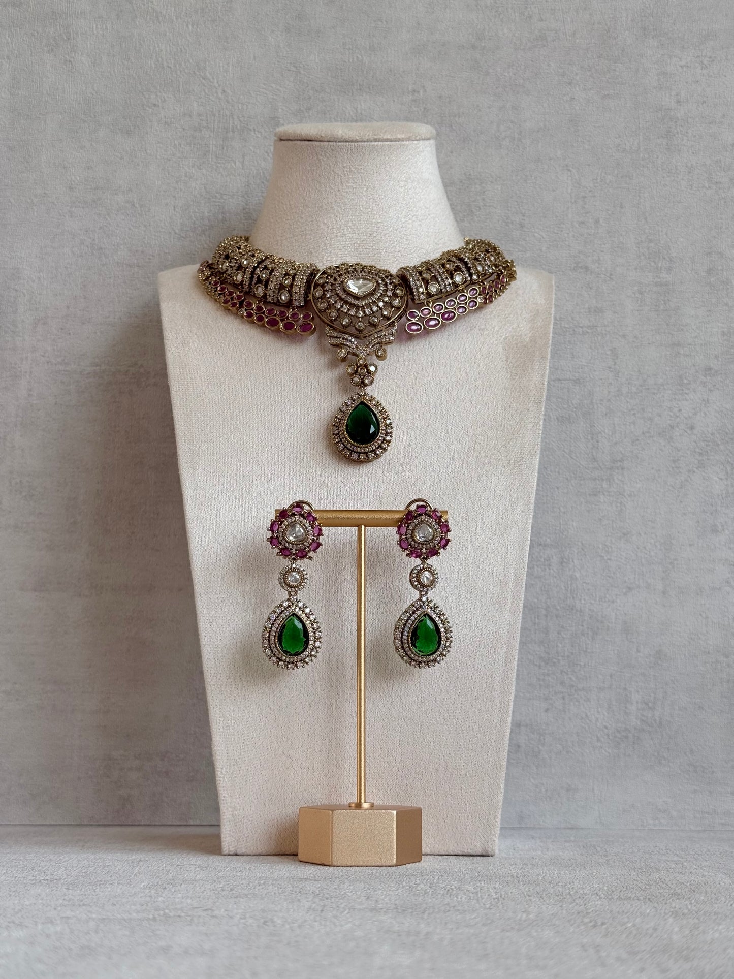 Ayura Designs Ahana Necklace Set with Earrings – Emerald Green Teardrop Stones, Ruby Pink Accents & Moissanite Detailing