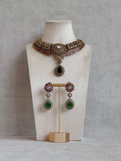 Ayura Designs Ahana Necklace Set with Earrings – Emerald Green Teardrop Stones, Ruby Pink Accents & Moissanite Detailing