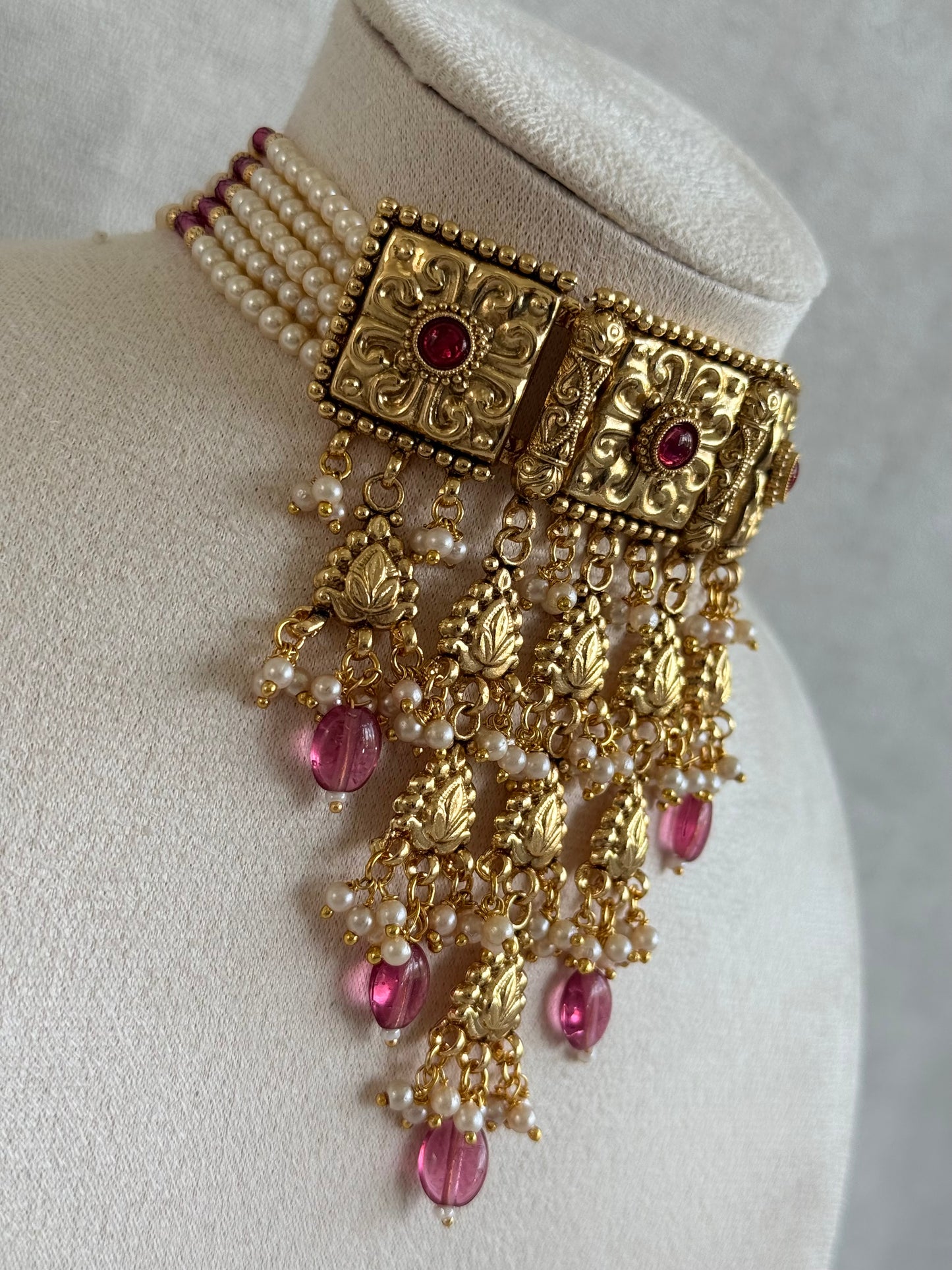 Ayura Designs Nimrah Choker Set with Earrings & Tikka – Ruby Pink Gold Tone Waterfall Jewellery Set