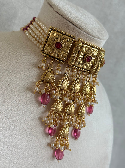 Ayura Designs Nimrah Choker Set with Earrings & Tikka – Ruby Pink Gold Tone Waterfall Jewellery Set