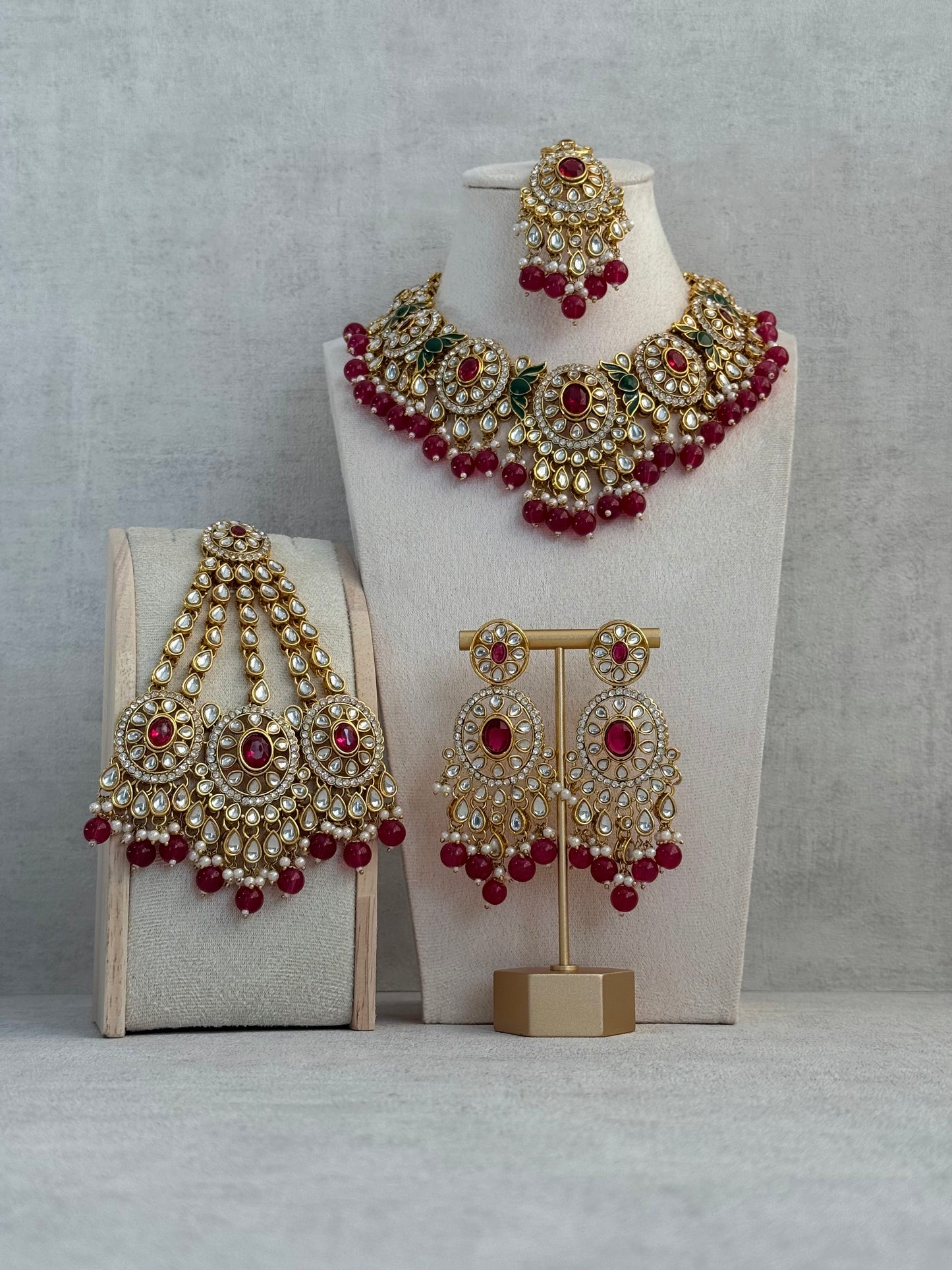 Ayura Designs Zara Set with Necklace, Earrings, Tikka & Passa – Antique Gold with Kundan Detailing & Rani Pink Beads