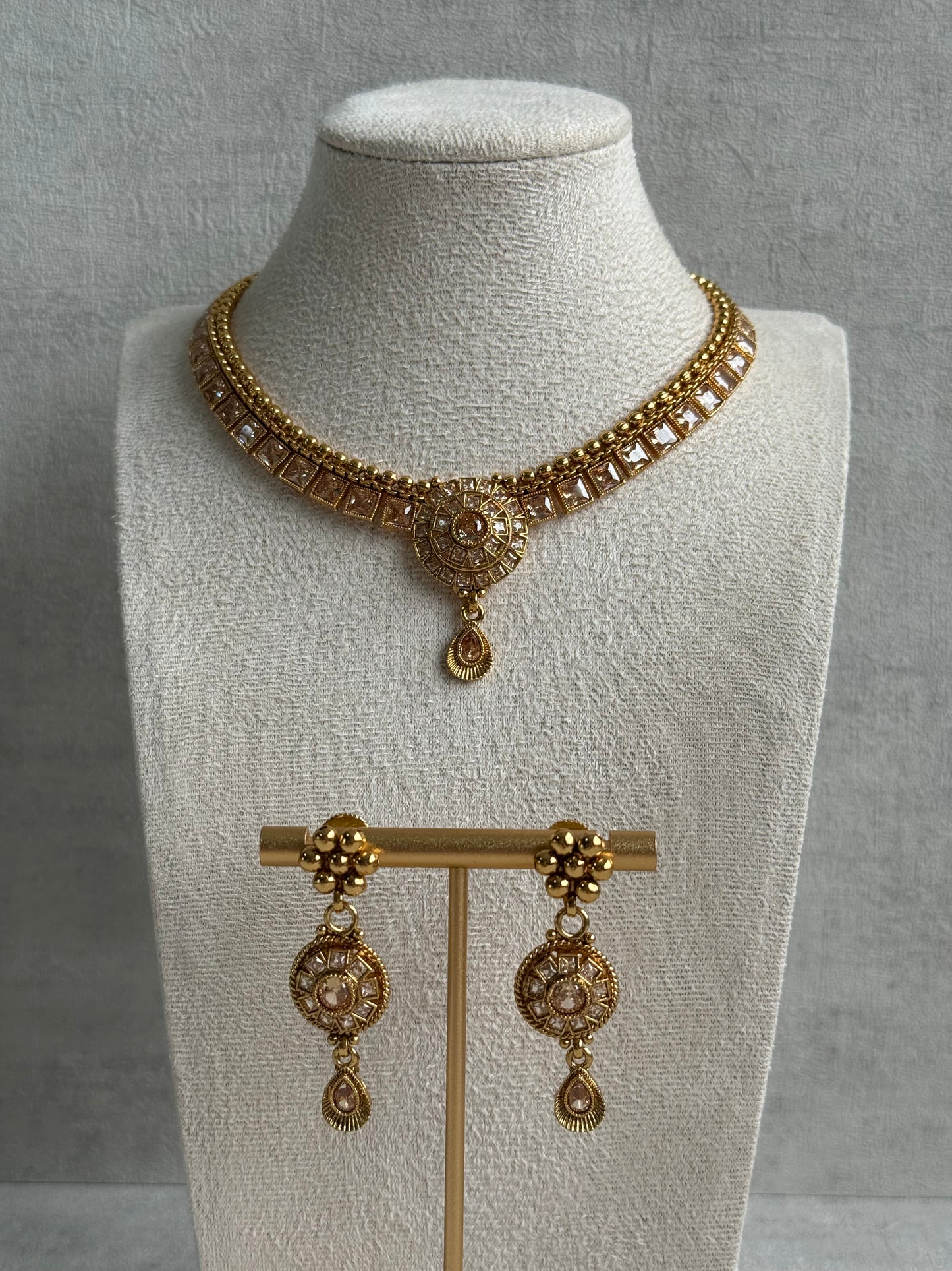 Ayura Designs Nithya Set – Gold Necklace & Earrings with Champagne Crystal Stones