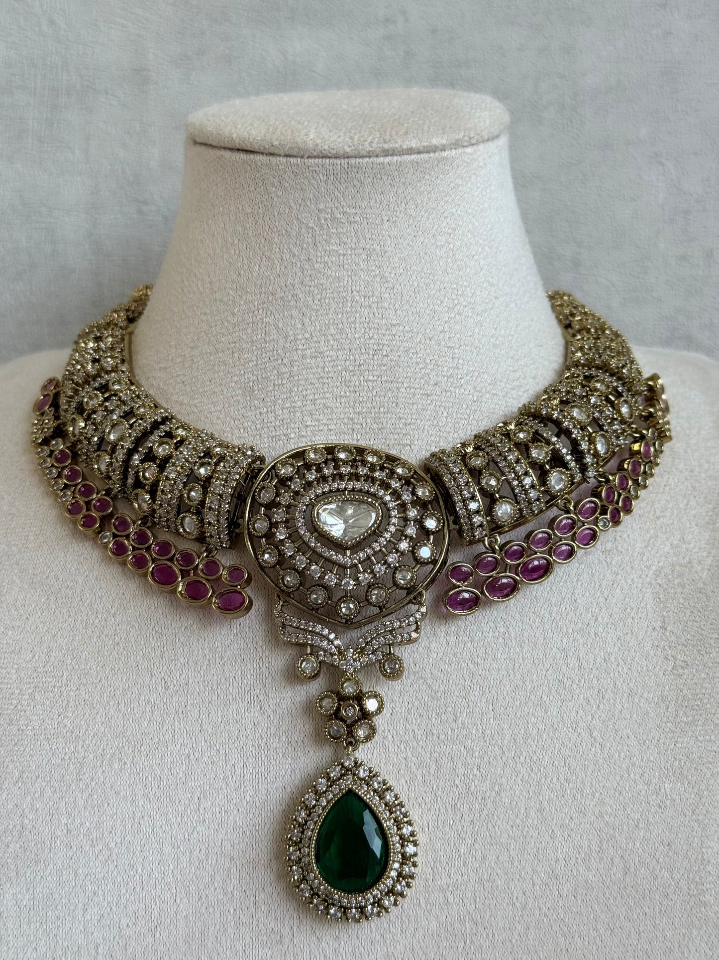 Ayura Designs Ahana Necklace Set with Earrings – Emerald Green Teardrop Stones, Ruby Pink Accents & Moissanite Detailing