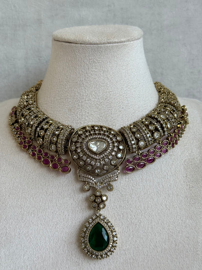 Ayura Designs Ahana Necklace Set with Earrings – Emerald Green Teardrop Stones, Ruby Pink Accents & Moissanite Detailing