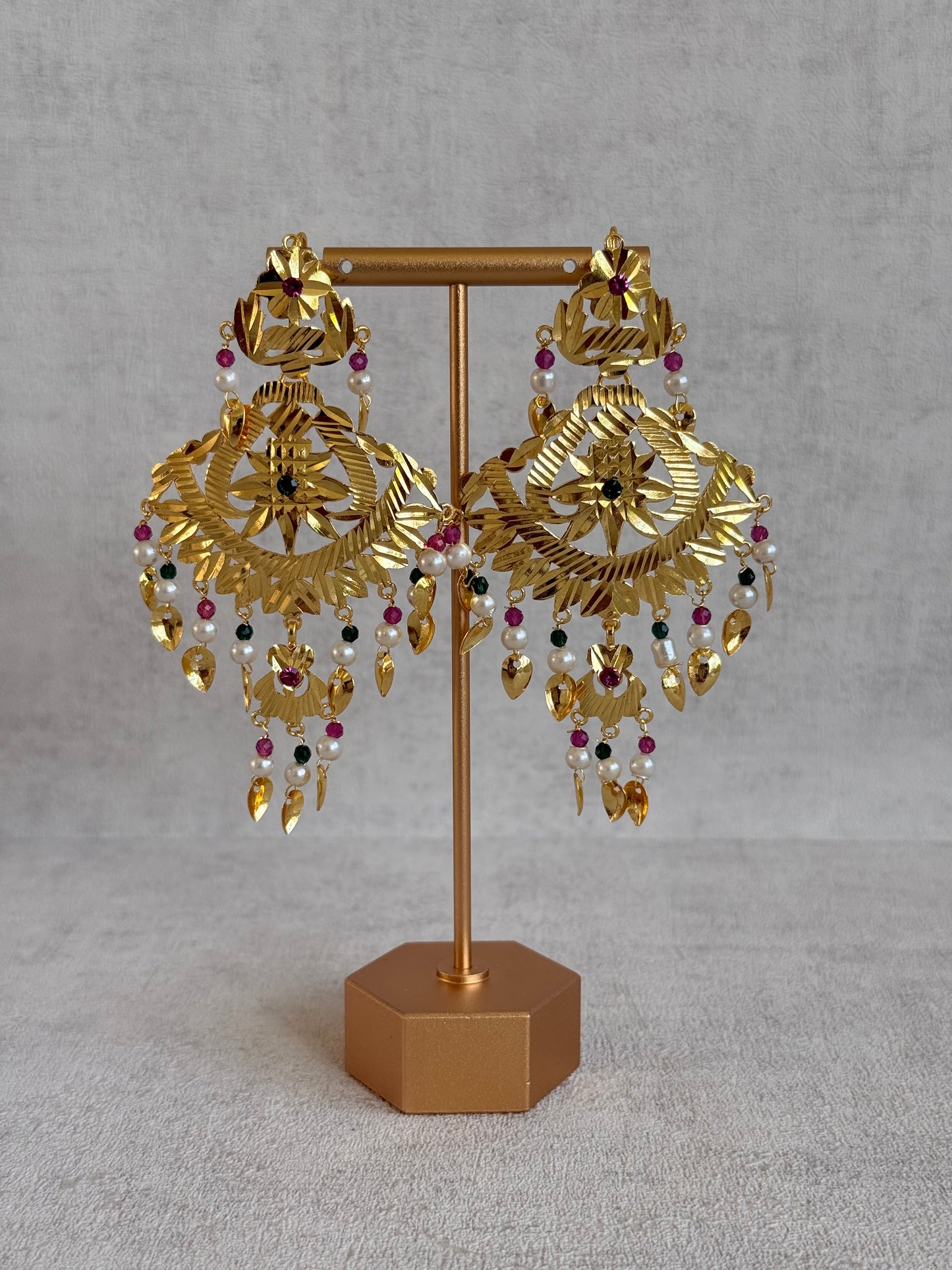 Ayura Designs Baisakhi Set with Earrings & Tikka – Gold Pipal Patti Design with Ruby Pink, Emerald Green & Pearl Detailing