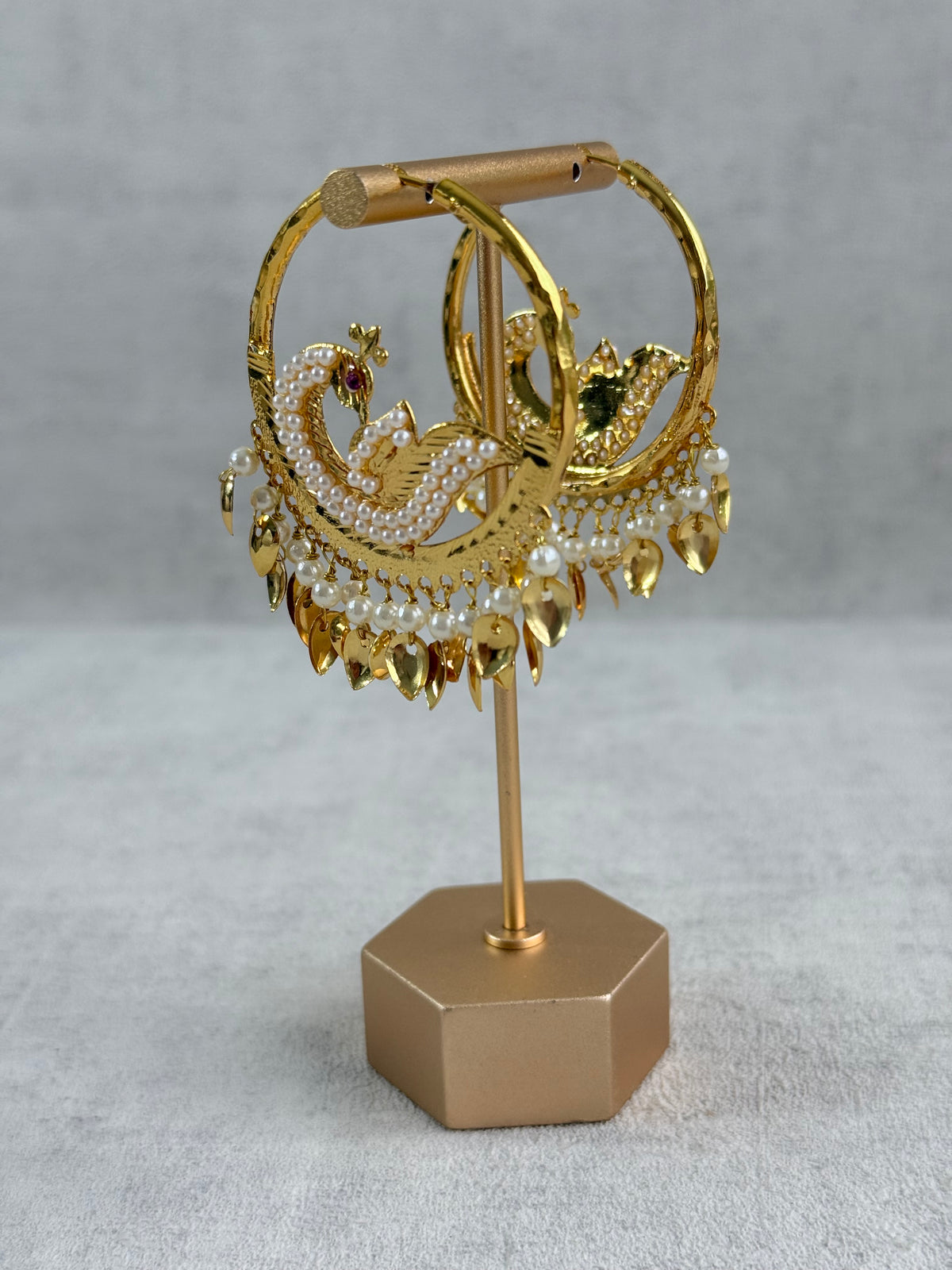 Ayura Designs Hansi Balis – Peacock Design with Pearl & Pippal Patti Detailing in Gold Finish
