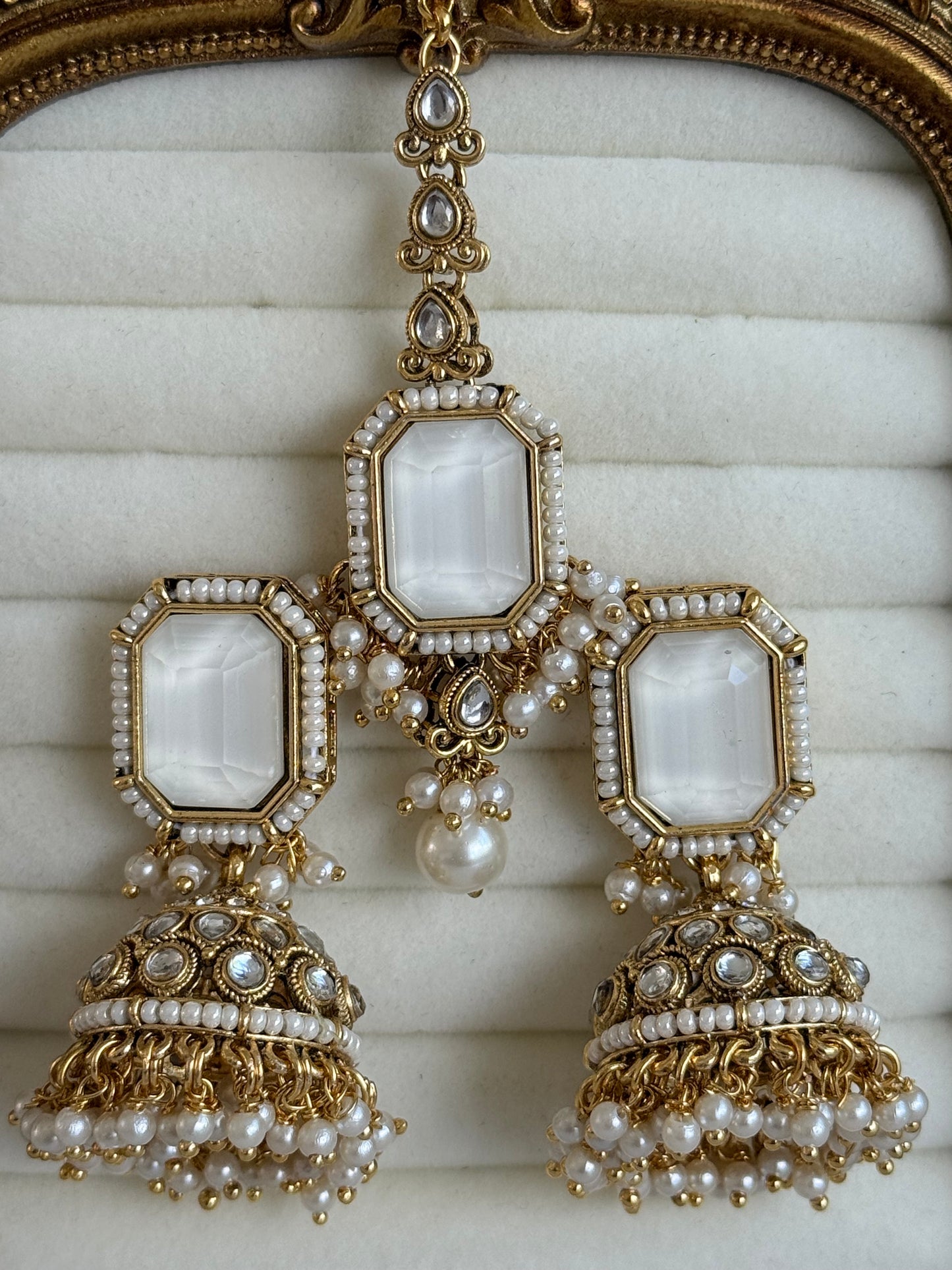 Ayura Designs Heena Tikka Set with Jhumkis – Ivory Stone, Kundan & Pearl Detailing
