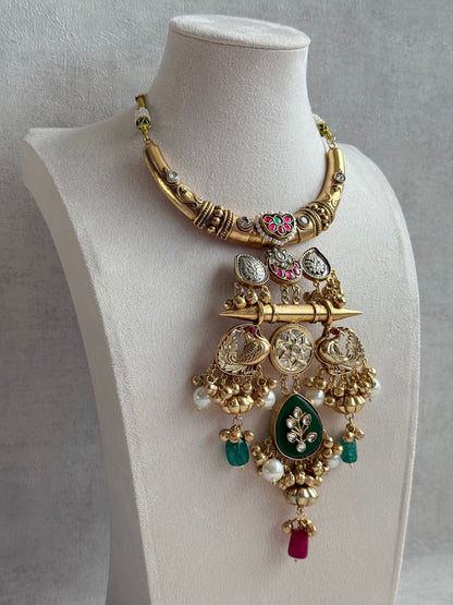 Ayura Designs Zaqsh Collar Necklace Set with Earrings – Antique Gold Peacock Pendant with Emerald Green Stones & Pearl Detailing