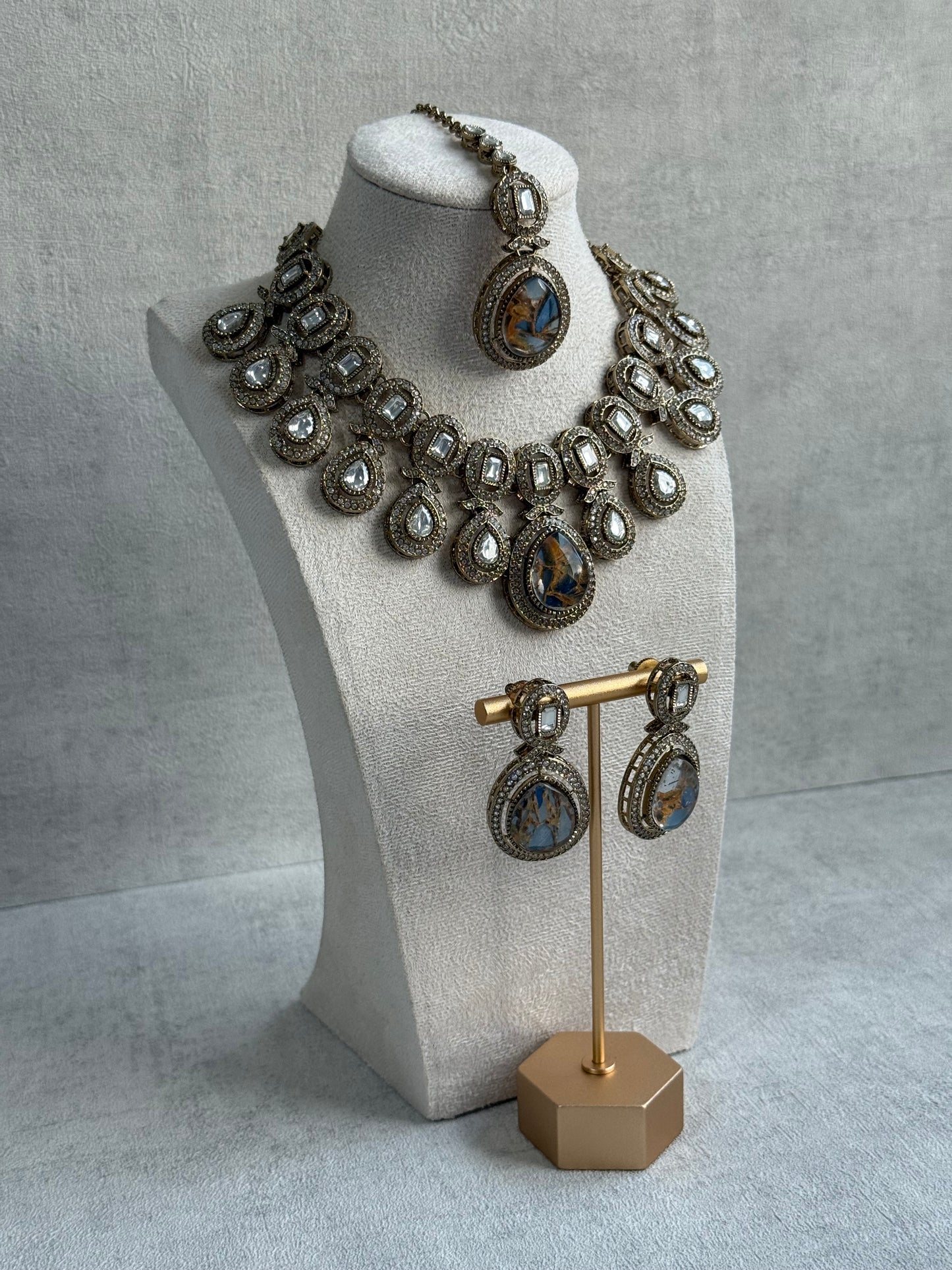 Ayura Designs Aurora Set with Earrings & Tikka – Blue & Bronze Marbled Stone, Mirror-Cut Accents & Antique Gold Finish