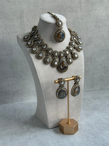 Ayura Designs Aurora Set with Earrings & Tikka – Blue & Bronze Marbled Stone, Mirror-Cut Accents & Antique Gold Finish