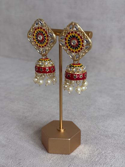 Ayura Designs Rangoli Jhumkis – Marigold Yellow, Deep Red & Forest Green Meenakari with Pearl Drops in Antique Gold Finish