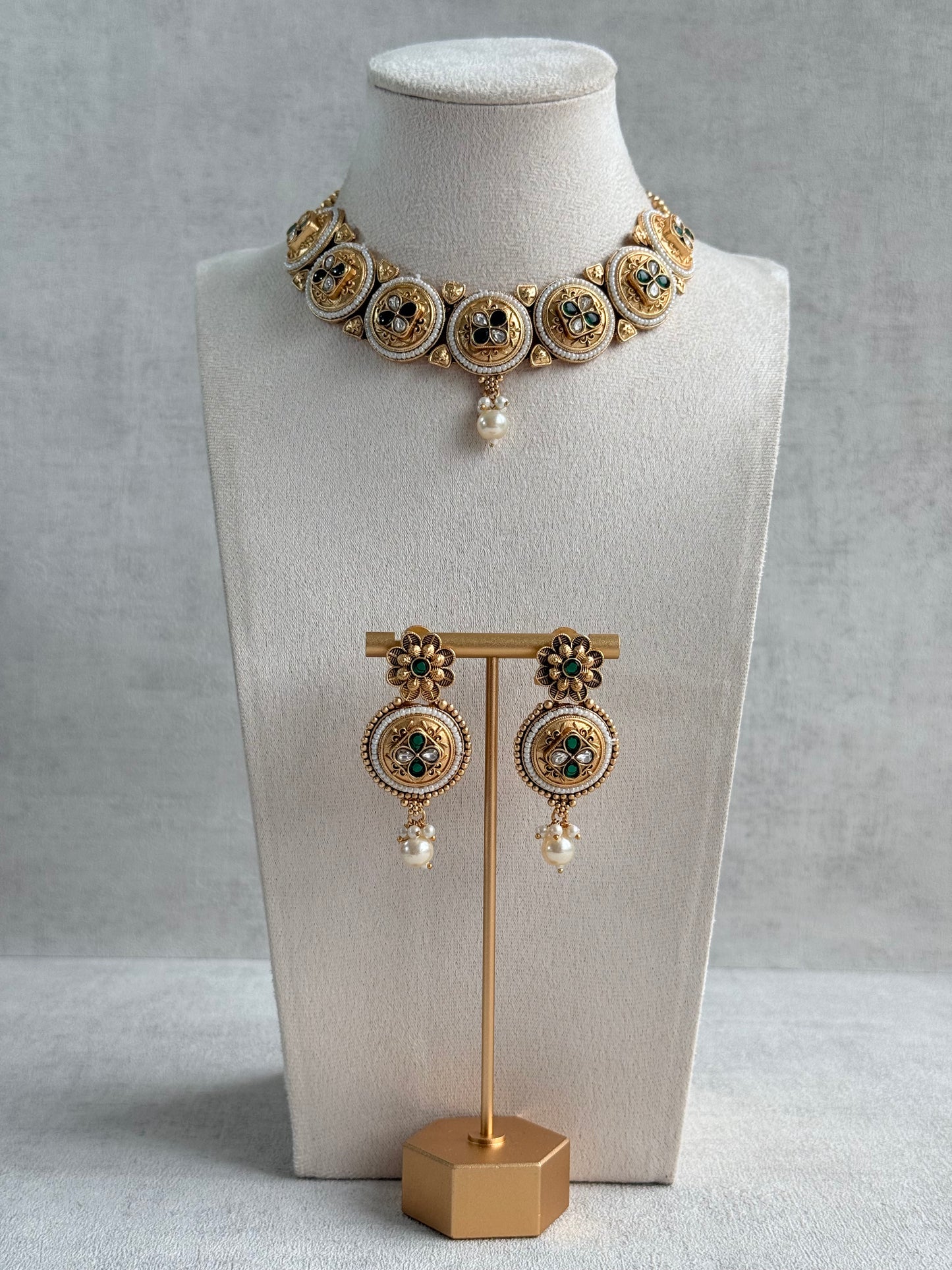 Ayura Designs Kaya Necklace Set with Earrings – Emerald Green Kundan Stones, Pearls & Antique Gold Finish