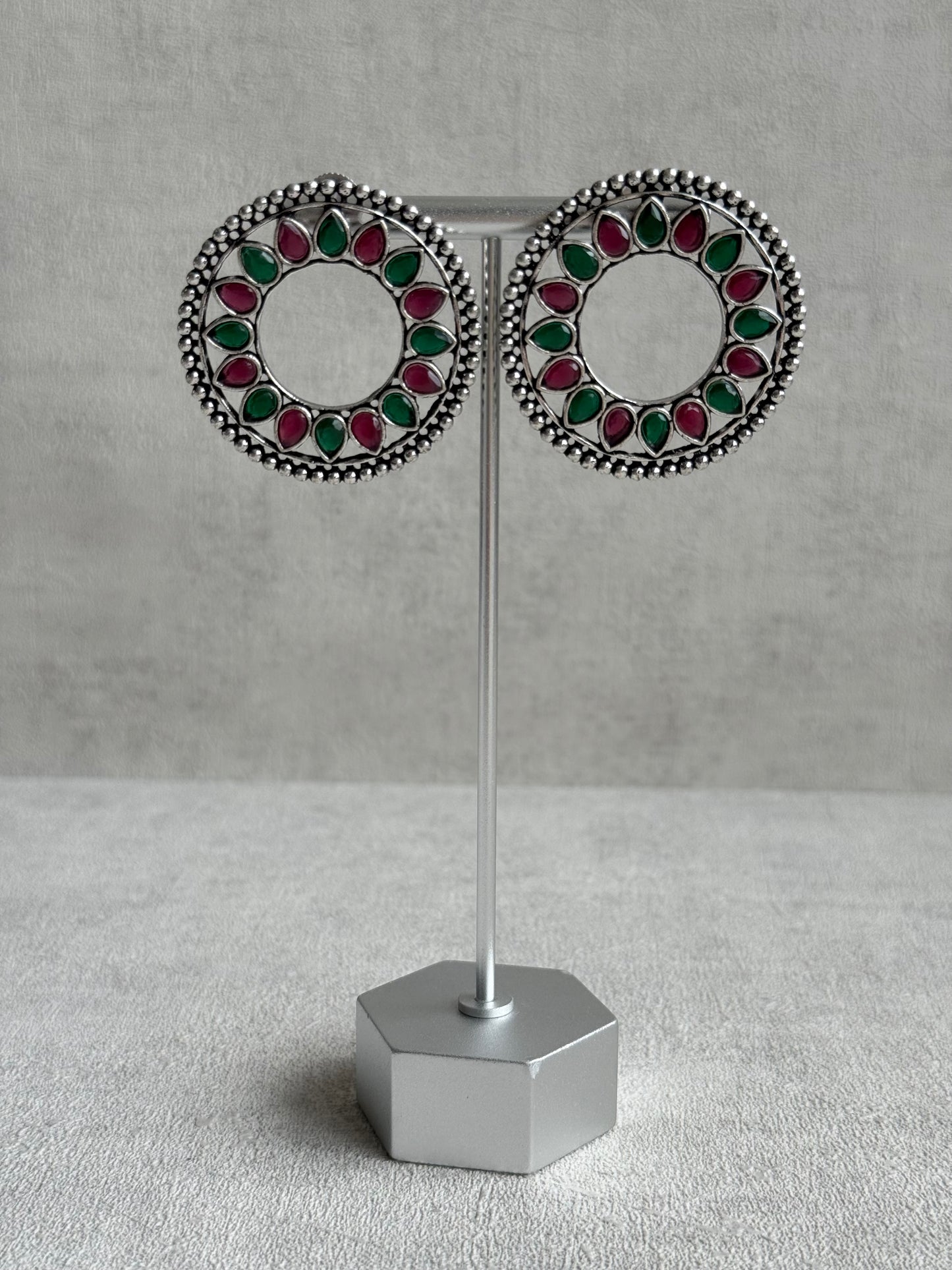 Ayura Designs Kesar Studs – Statement Oxidised Stud Earrings with Ruby Pink & Emerald Stones