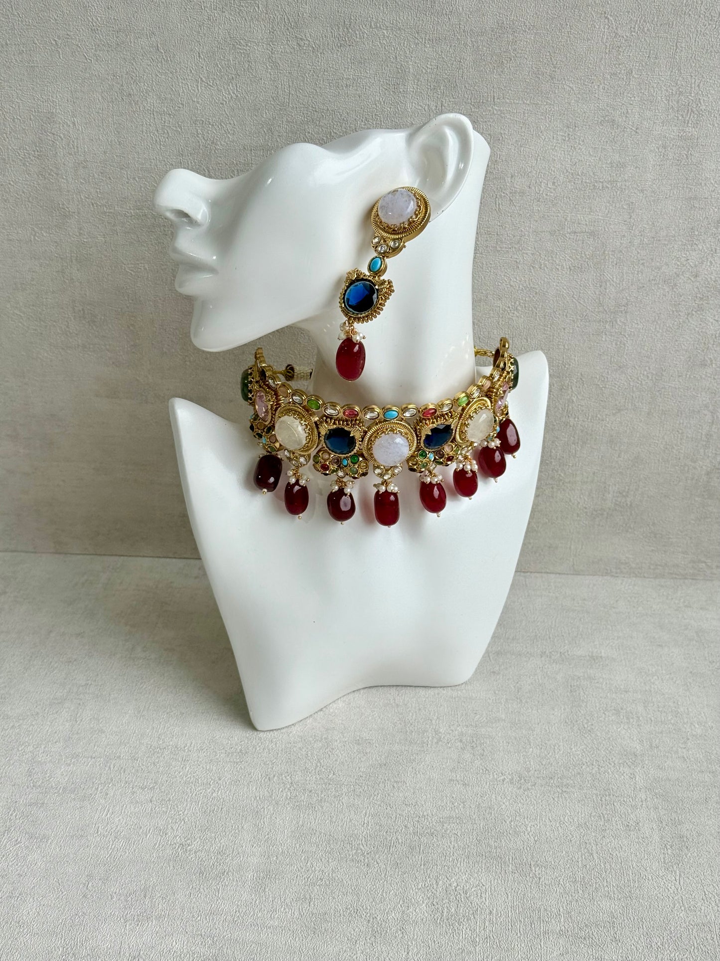 Ayura Designs Dahlia Choker Set with Earrings – Multicolour Stones, Crystal Detailing & Ruby Red Drops