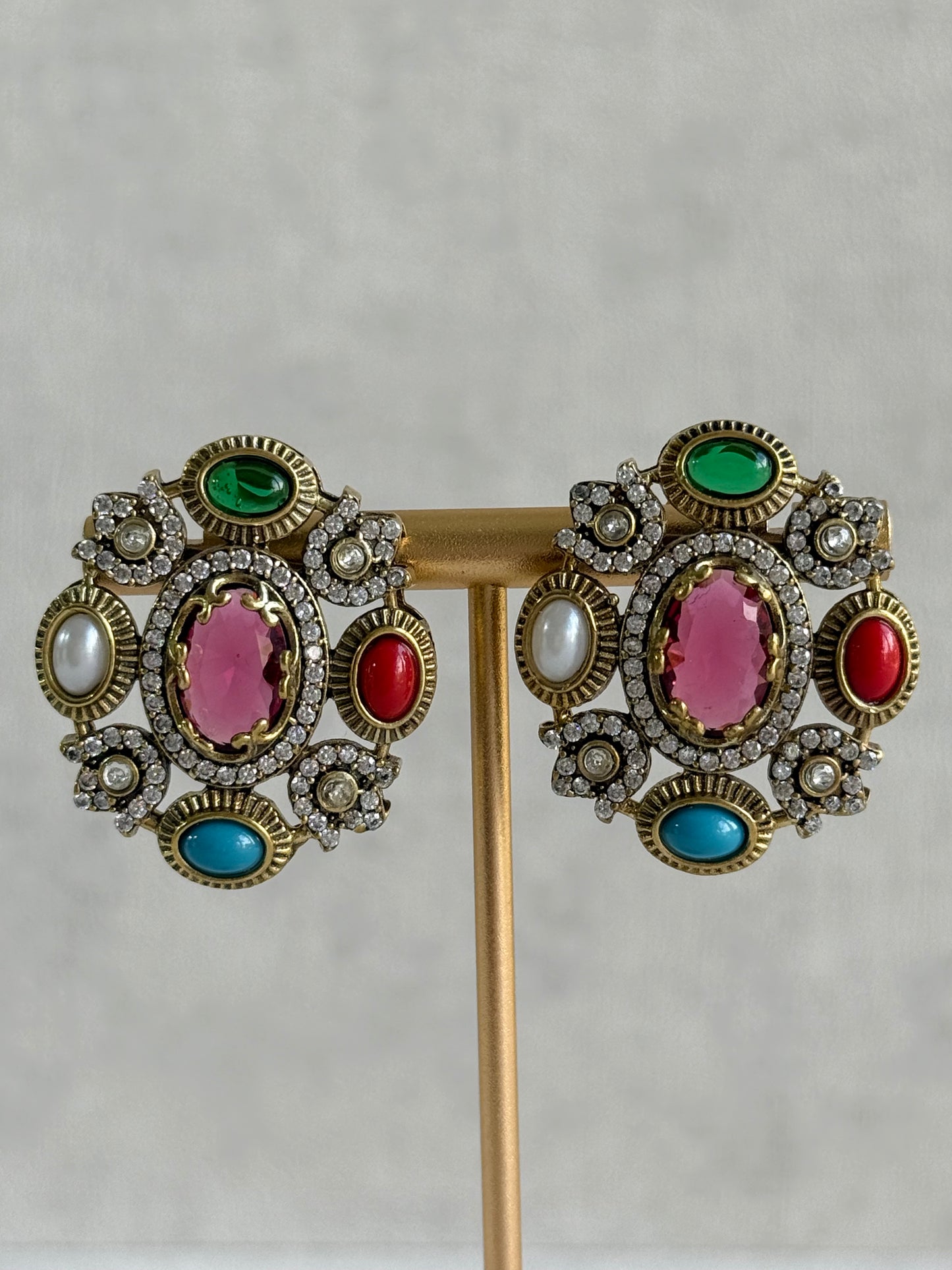 Ayura Designs Celia Stud Earrings – Rani Pink & Multicolour Stones with Gold Finish