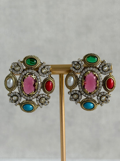 Ayura Designs Celia Stud Earrings – Rani Pink & Multicolour Stones with Gold Finish