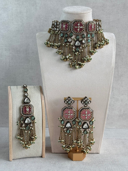 Ayura Designs Ashna Choker Set with Tikka and Earrings – Rose Pink, Mint Green & Kundan with Chains & Ghungroos in Antique Gold Finish