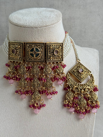 Ayura Designs Samera Choker Set with Earrings & Tikka – Rani Pink & Blush Pink Beads, Green Centre Stone, Floral Motifs & Antique Gold Finish
