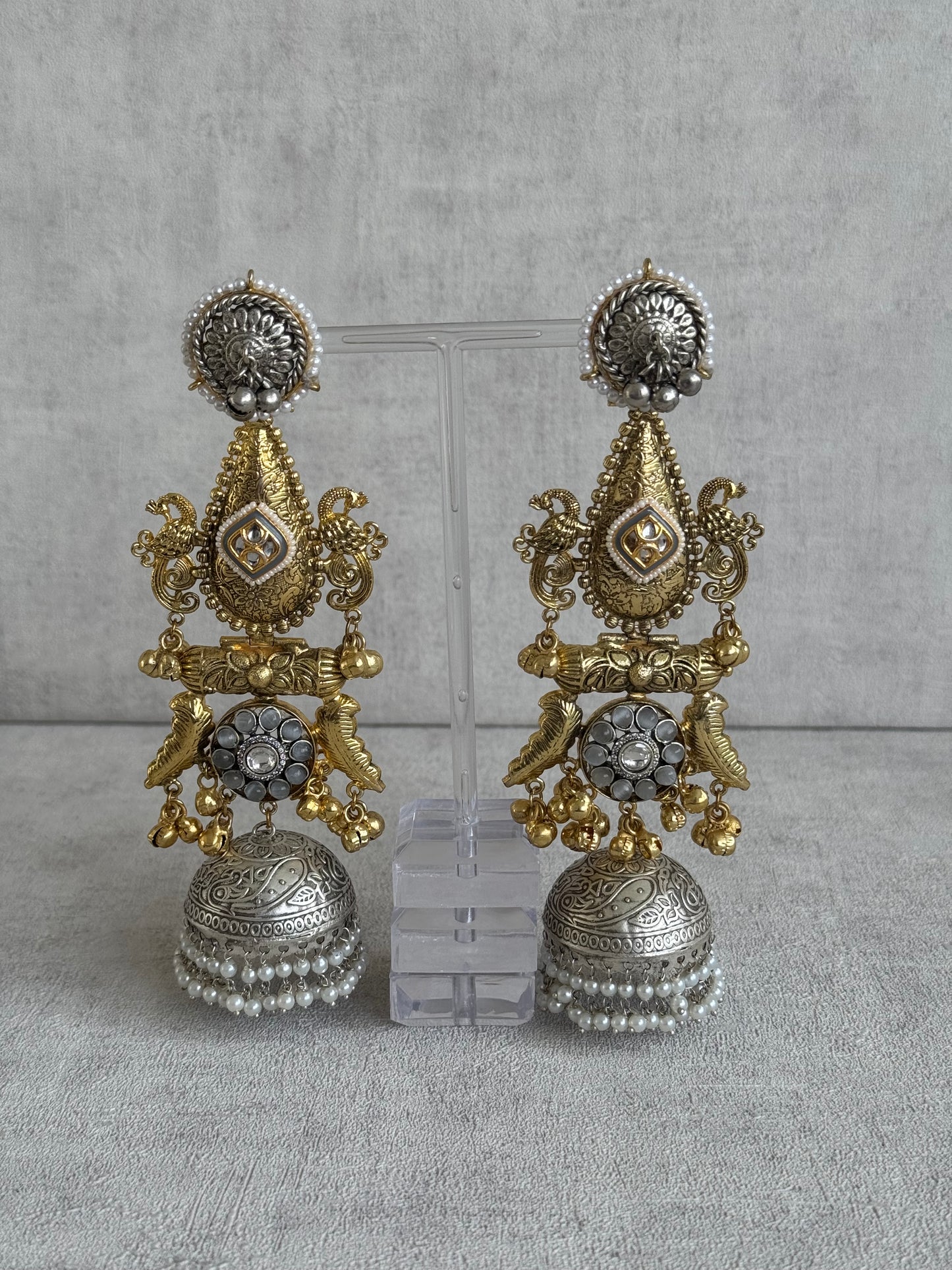 Ayura Designs Nooreh Earrings – Dual-Tone Oxidised Silver & Antique Gold with Bird Motifs, Kundan Detailing & Pearl-Draped Jhumkas