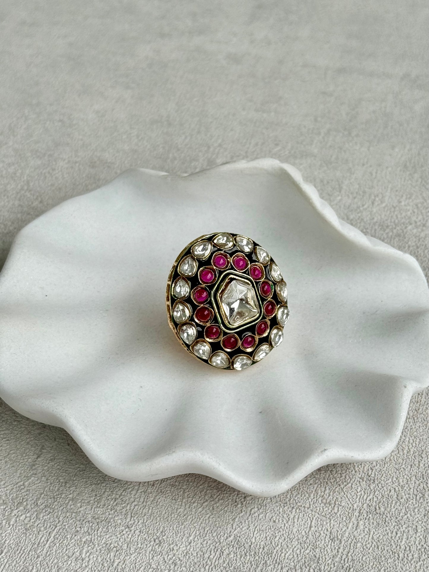 Ayura Designs Lara Adjustable Ring – Mirror-Cut Statement Ring with Ruby Pink Stones & Green Enamel Detailing