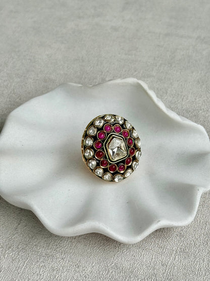 Ayura Designs Lara Adjustable Ring – Mirror-Cut Statement Ring with Ruby Pink Stones & Green Enamel Detailing