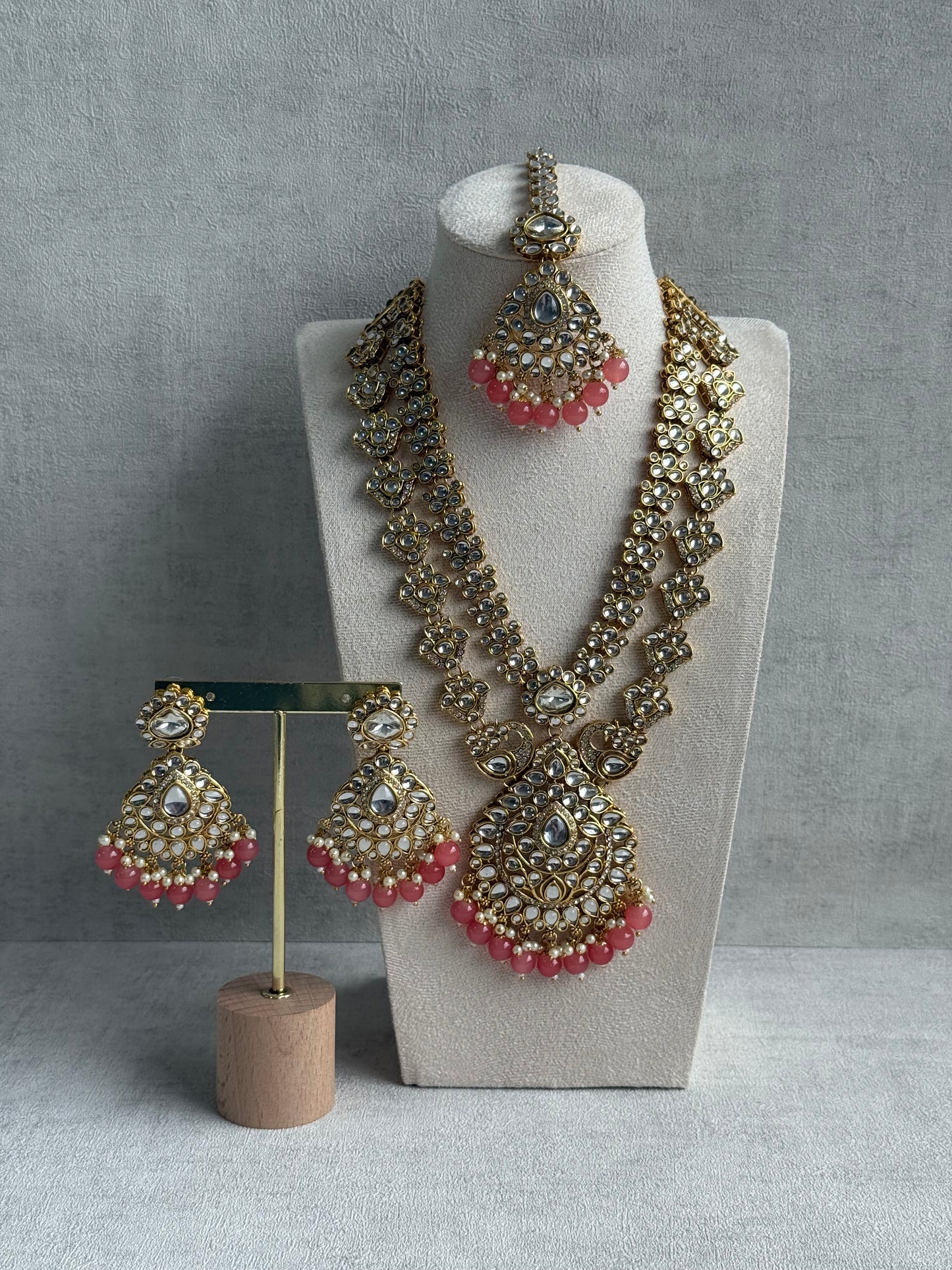 Ayura Designs Javeria Set with Earrings & Tikka – Peach Beads, Mirror Kundan & Gold Finish